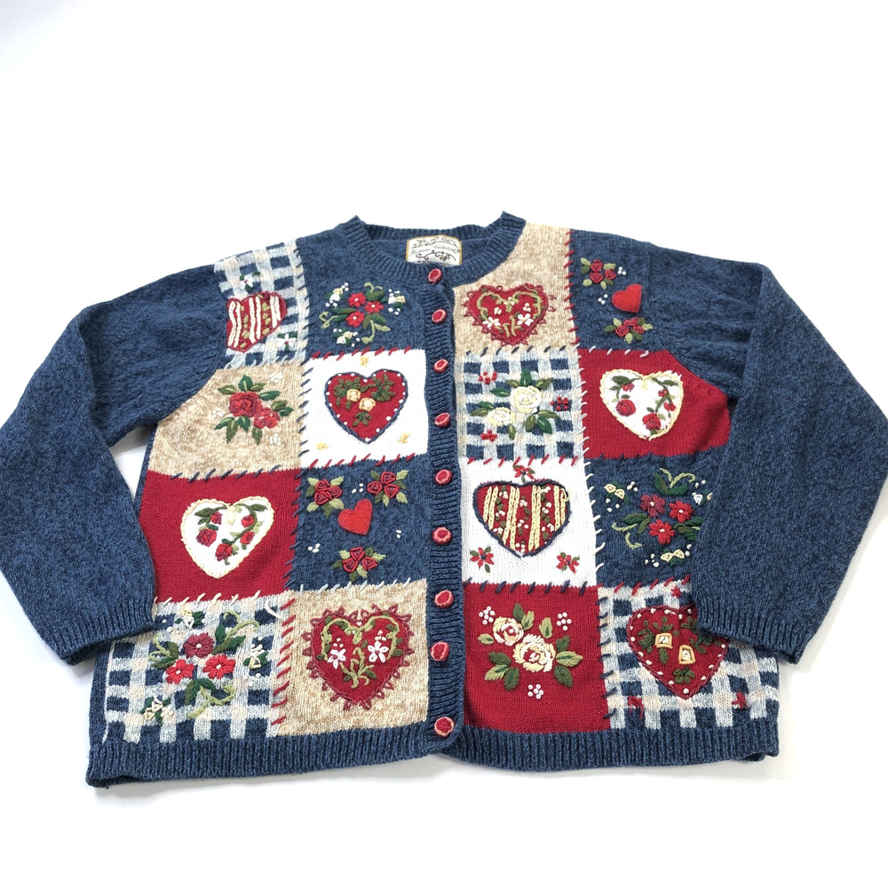 Vintage Heirloom Collectibles Large Cottage Core Cardigan Valentine Hearts Blue